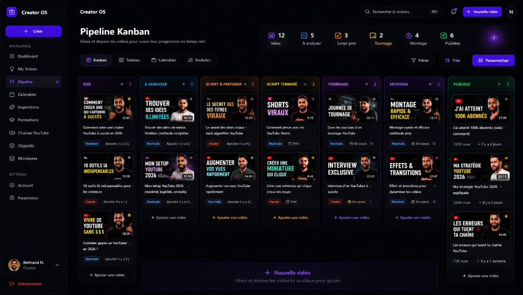 Pipeline Kanban de Creator OS pour organiser la production de vidéos YouTube